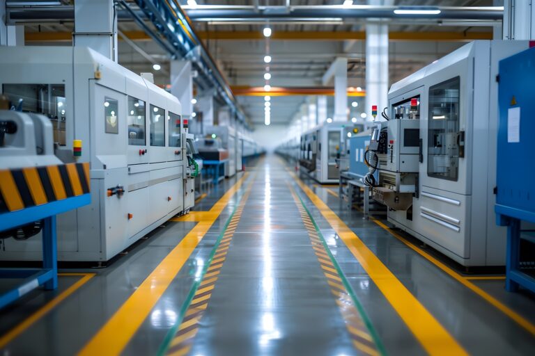A close up of a factory floor with machines and machinery
